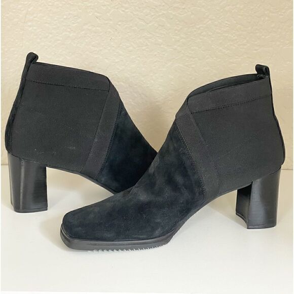Stuart Weitzman Black Chelsea Suede and elastic Block Heel square toe Bootie 9.5 - Picture 7 of 11